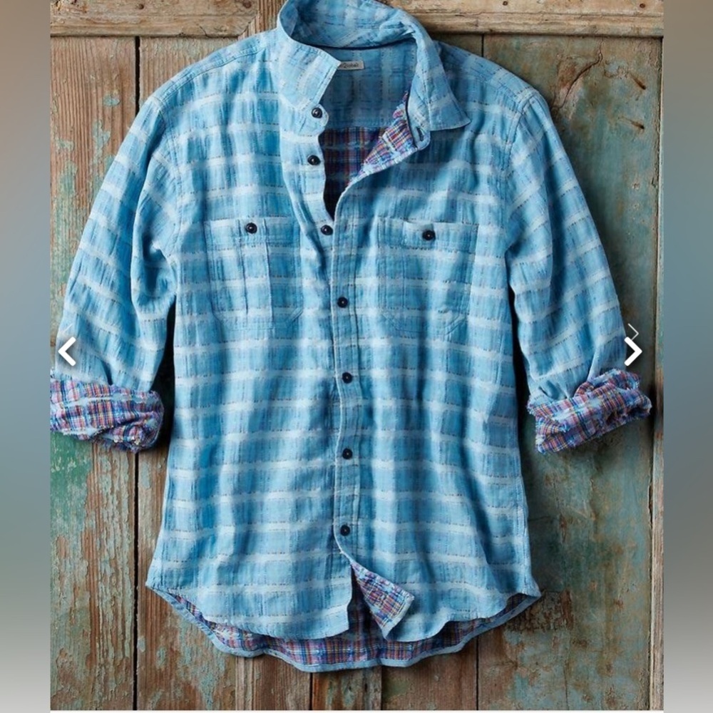 carbon2cobalt Men's Sea Change Chambray Shirt Blue Roll Tab Sleeve Size Medium